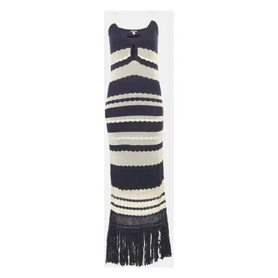 Johanna Ortiz Off-White/Navy Blue Knit Sleeveless Fringed Maxi Dress