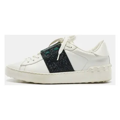 Valentino White/Green Leather Crystal Embellished Rockstud Low Top Sneakers Size