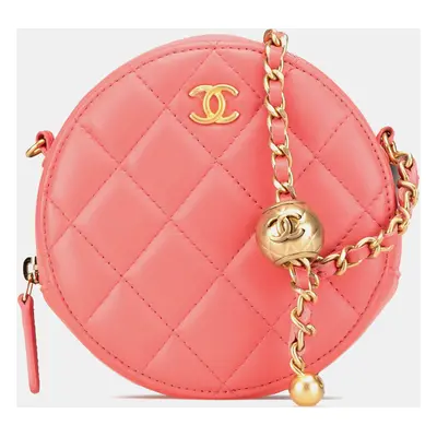 Chanel Pink CC Quilted Lambskin Pearl Crush Round Clutch with Chain