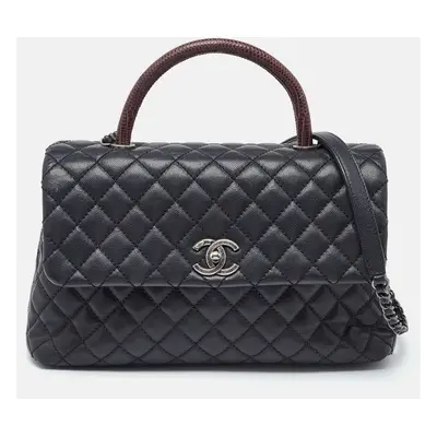 Chanel Black/Red Quilted Caviar Leather and Lizard Medium Coco Top Handle Bag