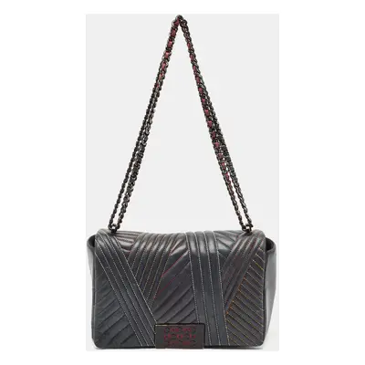 CH Carolina Herrera Charcoal Grey Quilted Leather Stitched Bimba Flap Bag