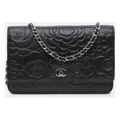 Chanel Black Lambskin Camellia Embossed Wallet On Chain