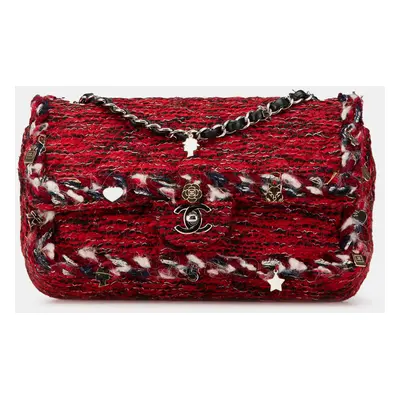 Chanel Red Medium Tweed Braided Charms Double Flap Bag