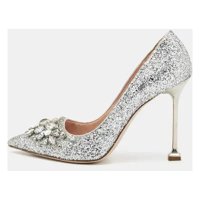 Miu Miu Silver Studded Glitter Crystal Embellished Pointed-Toe Pumps Size