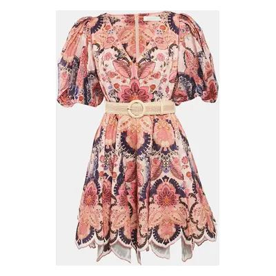 Zimmermann Pink Floral Print Linen Belted Mini Dress