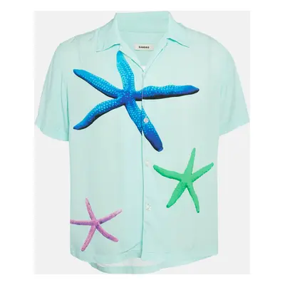 Sandro Blue Starfish Print Crepe Short Sleeve Shirt