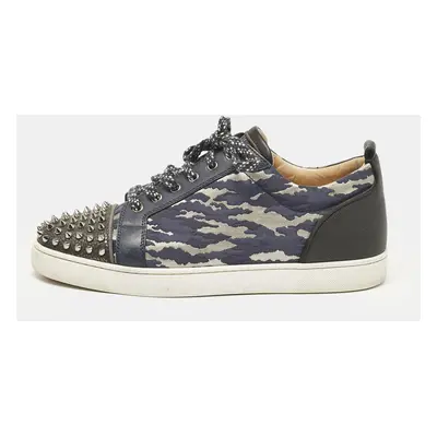 Christian Louboutin Black/Blue Leather and Camou Brocade Fabric Louis Junior Spikes Low Top Snea