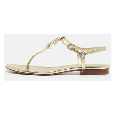 Chanel Gold Leather CC Pearl Embellished Flat Thong Sandals Size 39.5