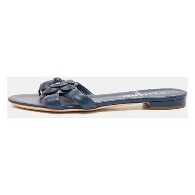 Chanel Navy Blue Leather CC Camellia Flat Sandals Size