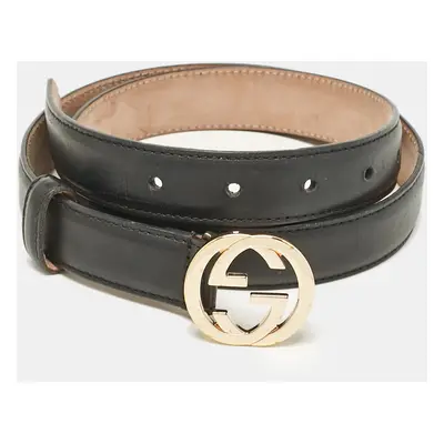 Gucci Black Leather Interlocking G Slim Buckle Belt 80CM