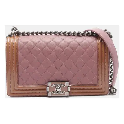 Chanel Pink Tan Goatskin Quilted Patent Medium Duo Boy Flap Bag