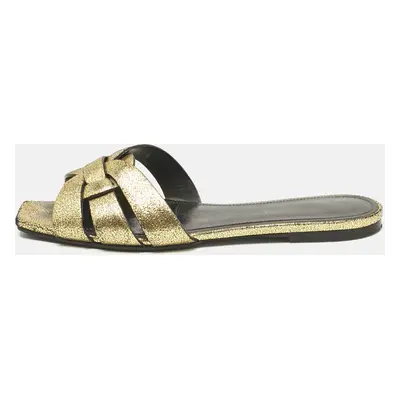 Saint Laurent Metallic Gold Leather Tribute Flat Slide Size