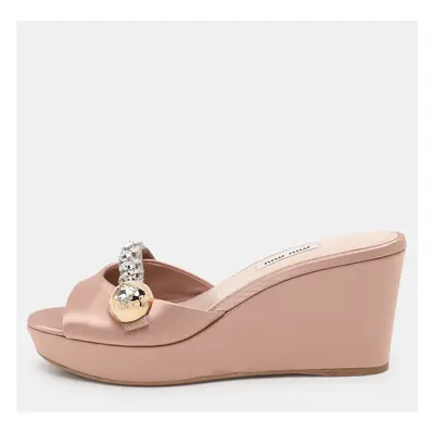 Miu Miu Nude Pink Satin Crystal Embellished Wedge Platform Slide Sandals Size 38.5