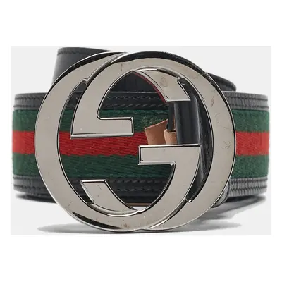 Gucci Black Web Canvas and Leather Interlocking G Buckle Belt 90CM