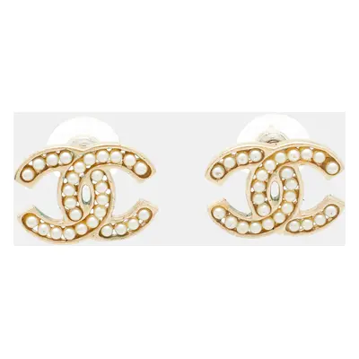 Chanel CC Faux Pearl Gold Tone Stud Earrings