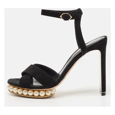 Nicholas Kirkwood Black Suede Pearl Embellished Platform Ankle Strap Sandals Size