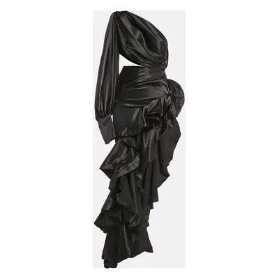 Bronx & Banco Black Satin Cut-Out One Shoulder Ruffled Gown