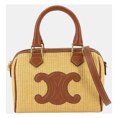 Celine Beige/Brown Raffia with Leather Small Cuir Triomphe Boston Bag