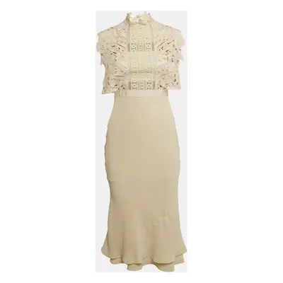 Self-Portrait Beige Lace Trim Crepe Midi Dress