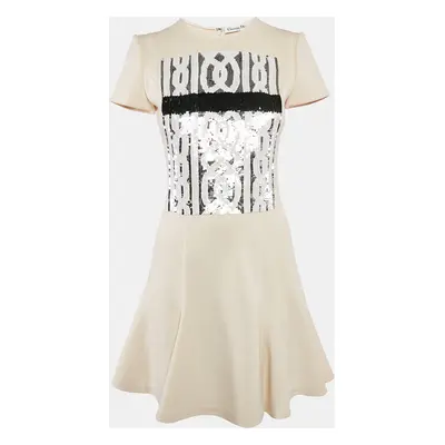 Christian Dior Cream Wool Sequin Embellished Flared Mini Dress