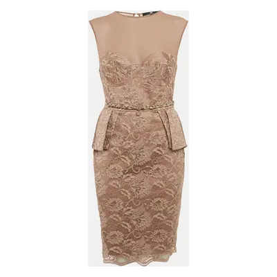 Elisabetta Franchi Caramel Brown Satin Lace Overlay Belted Short Dress