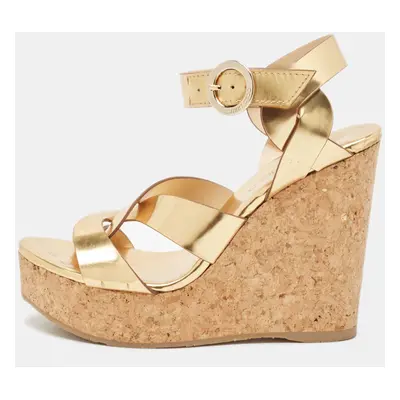 Jimmy Choo Metallic Gold Leather Cork Wedge Sandals Size