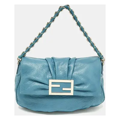 Fendi Teal Blue Leather Mia Flap Shoulder Bag