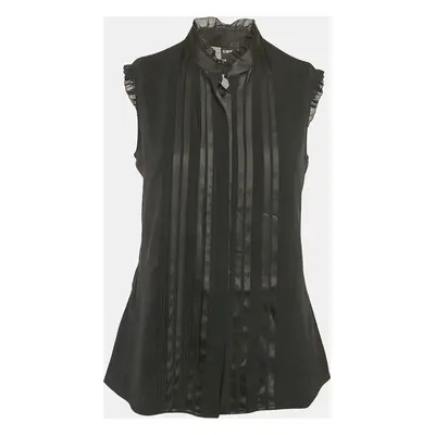 Emporio Armani Black Silk Pleat Detail Ruffled Sleeveless Blouse