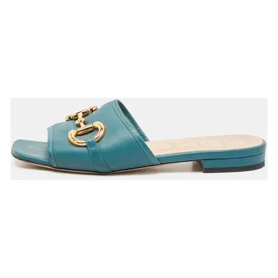 Gucci Green Leather Horsebit Flat Slides Size 36.5