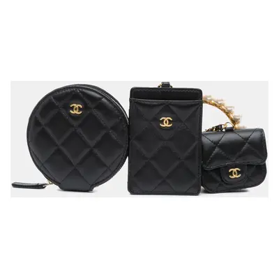 Chanel Black Lambskin Pearl Crown CC Wristlet Multi Pouches