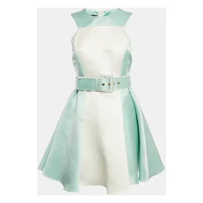 Elisabetta Franchi Blue/White Satin Flared Mini Dress