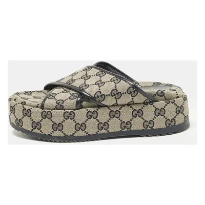 Gucci Beige/Navy Blue GG Canvas Criss Cross Platform Slides Size