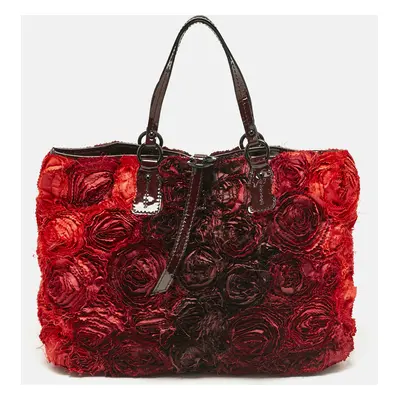 Valentino Red/Burgundy Nylon Flower Applique Tote