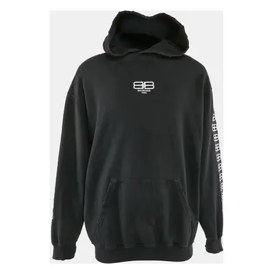 Balenciaga Black Logo Embroidery Cotton Distressed Hoodie