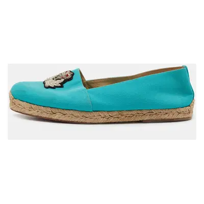 Christian Louboutin Aqua Blue Canvas Gala Embroidered Crest Espadrille Flats Size