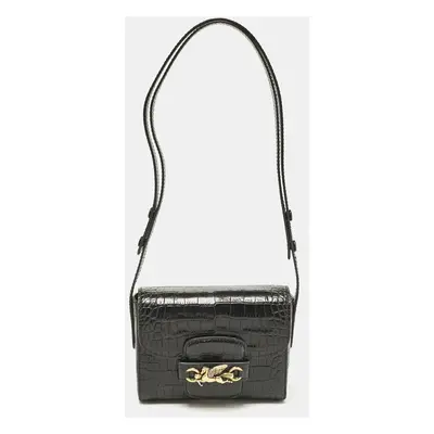 Etro Black Croc Embossed Leather Shoulder Bag