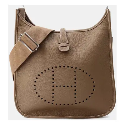 Hermes Etoupe Taurillon Clemence Leather Evelyne PM Crossbody Bag