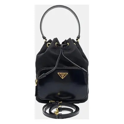 Prada Black Leather and Nylon Brushed Bucket Tote Bag