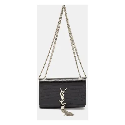 Saint Laurent Black Croc Embossed Leather Kate Tassel Shoulder Bag