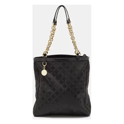 Versace Black Signature Fabric and Croc Embossed Leather Chain Shopper Tote