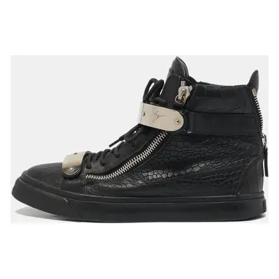 Giuseppe Zanotti Black Croc Embossed Patent Leather Double Zip High Top Sneakers Size