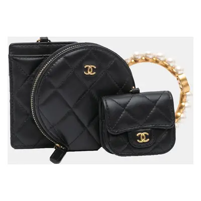 Chanel Black Lambskin Pearl Crown CC Wristlet Multi Pouches