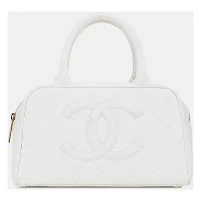 Chanel White CC Quilted Caviar Bowling Bag