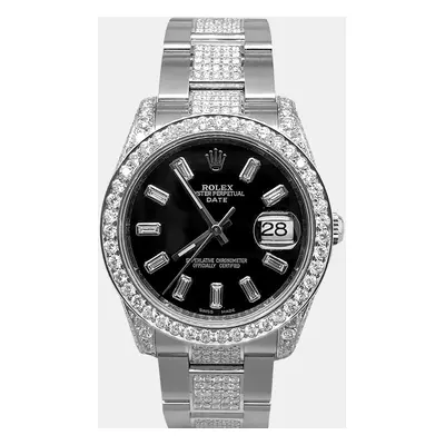 Rolex date 7.4ct diamond bezel case bracelet black diamond baguette dial steel Wristwatch