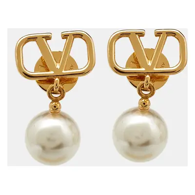 Valentino VLogo Signature Faux Pearl Gold Tone Drop Earrings