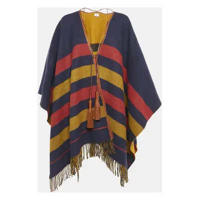 Hermès Blue Checks Leather Trim Wool Fringed Poncho One Side