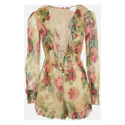 Zimmermann Beige Floral Print Georgette Silk Ruffled Playsuit