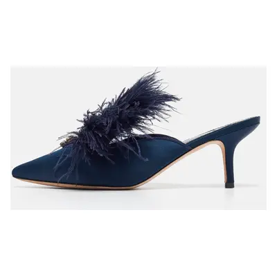 Tory Burch Navy Blue Satin and Fur Elodie Mules Size