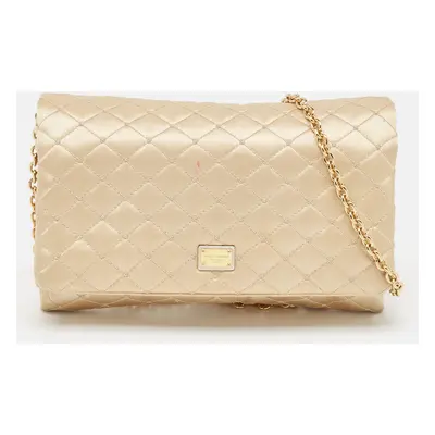 Dolce & Gabbana Gold Quilted Satin Flap Chain Clutch