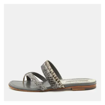 Manolo Blahnik Grey/Black Snakeskin Leather Susa Flat Sandals Size